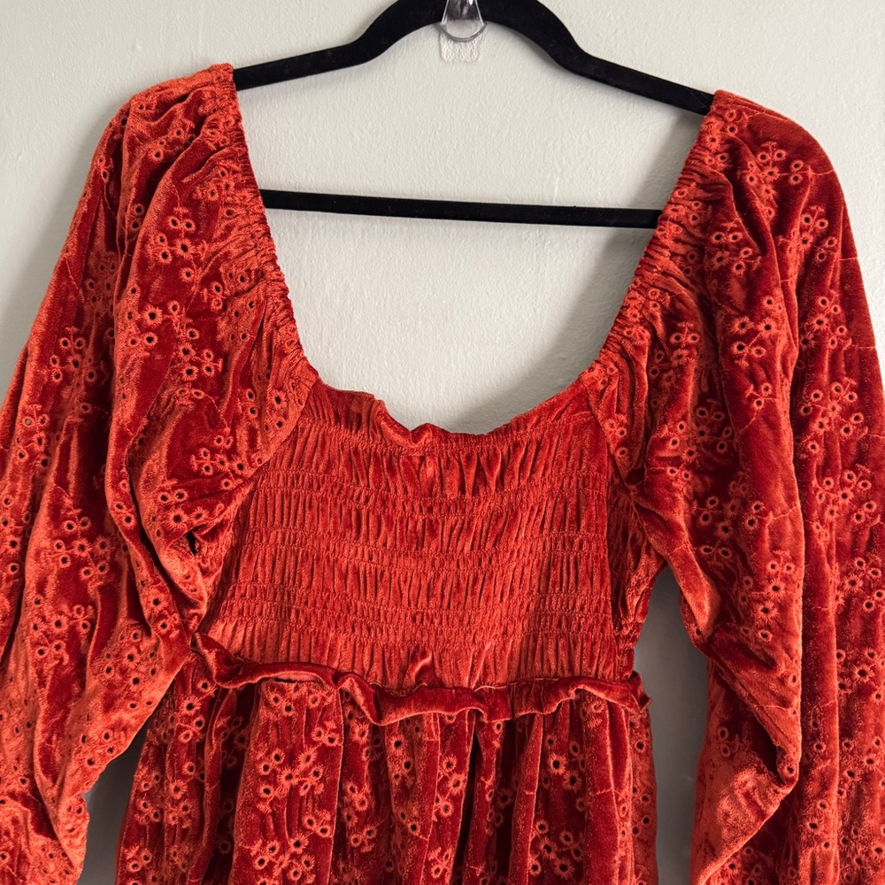 ASOS velvet broderie shirred midi dress burnt red eyelet lace long sleeve US6 - Picture 9 of 13